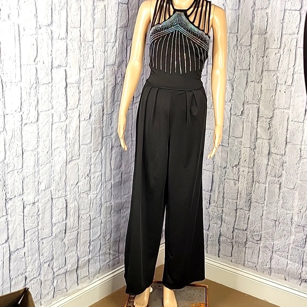 Black SEQUINED  CUT OUT Wide Leg Jumpsuit‎